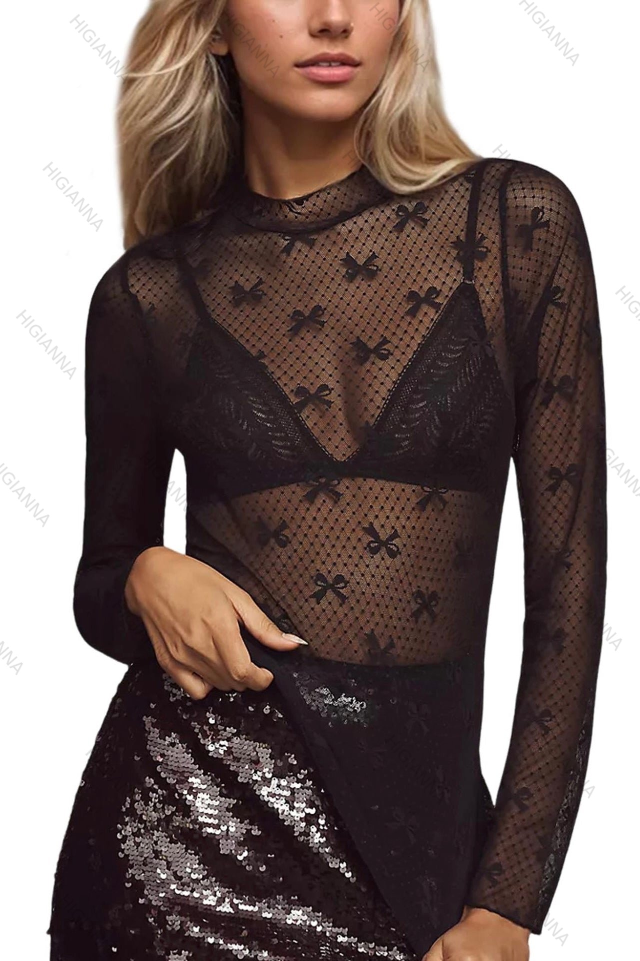 Mock Neck Ribbon Mesh Top - HIGIANNA&reg;