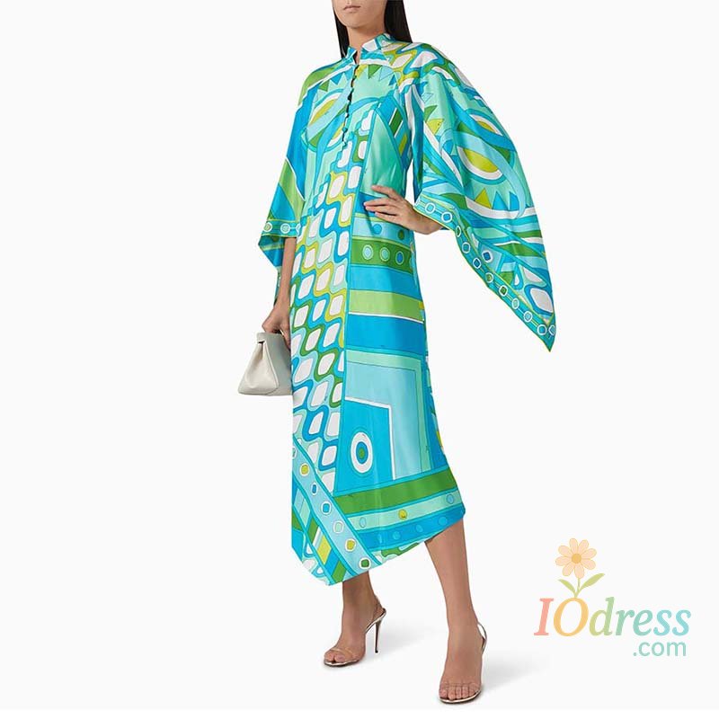 IO Dress Fashion Irregular Flare Sleeve Printed Robes Elegant Stand Collar Button Loose Banquet Dress Leisure Autumn New Vacation Dresses IO Dress