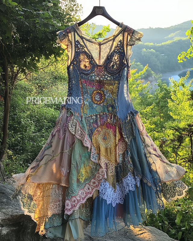 Summer Irregular Lace Patchwork BeadedRuffle Dress 26bd