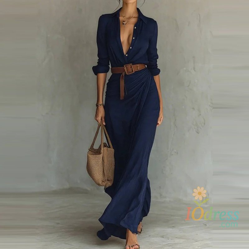 IO Dress Elegant Lady Long Sleeve Lapel Shirt Dress Temperament High Waist With Belt Commute Maxi Dress Casual Single Breasted Pure Dress