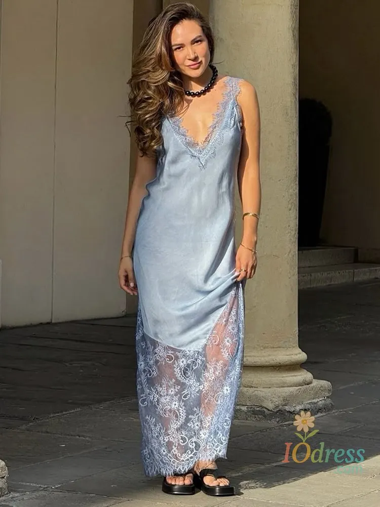 IO Dress Trendix V Neck Lace Maxi Dress For Women Sexy Off Shoulder Slim Elegant Slip Dress 2025 Autumn Party Club Backless Long Dress IO Dress Store