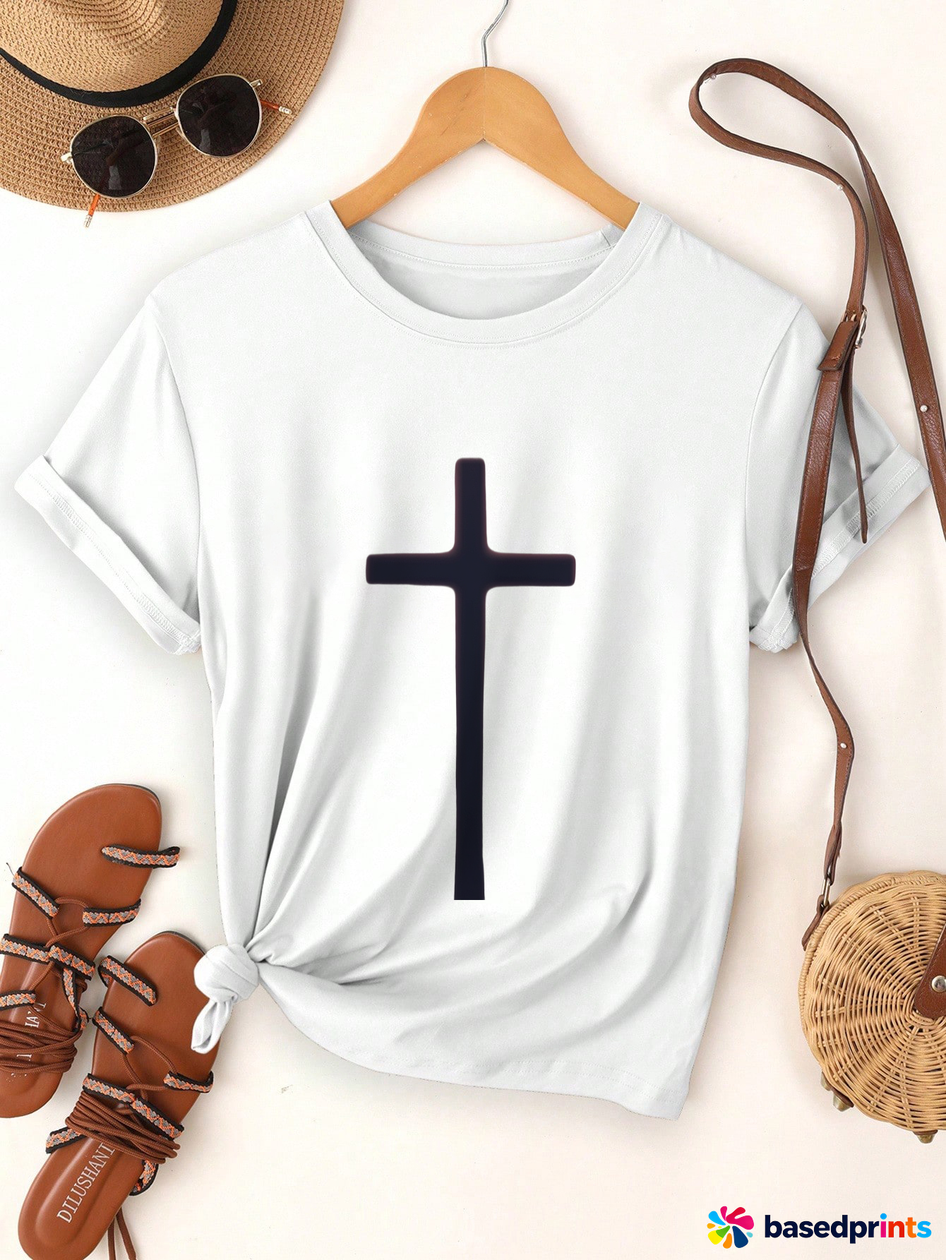 White Cross T-Shirt Women Casual Short Sleeve Tops