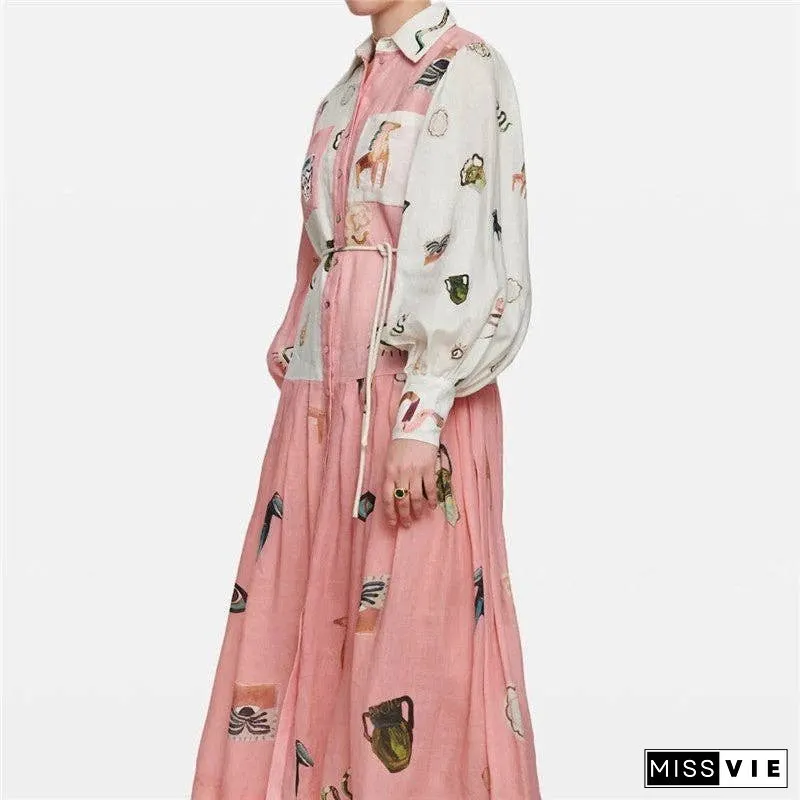 Floral Print Long Sleeve Tie-Waist Swing Dress
