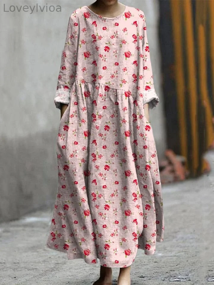 Sweet Spring Floral Pattern Printed Women's Pocket Cotton Dress
