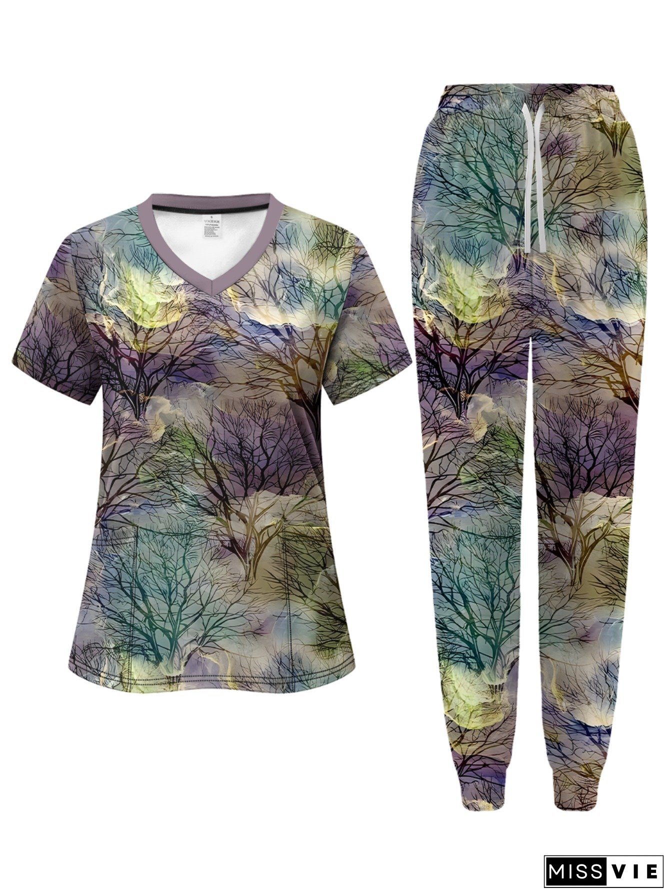 Womens Elegant All-Over Print Two-Piece Workwear Set V-Neck Short-Sleeve Top with Pockets