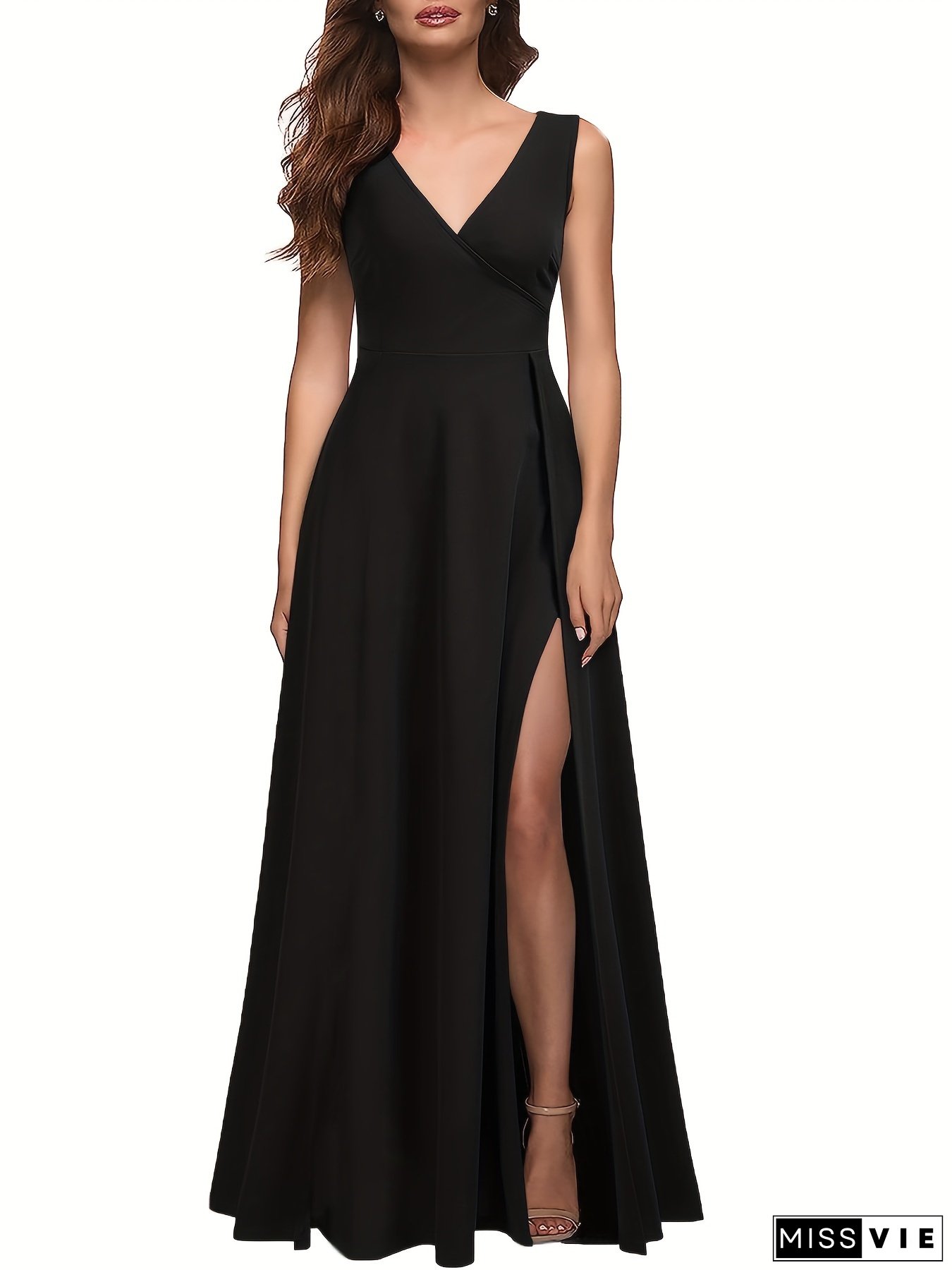 Surplice Neck Sleeveless Solid Dress Elegant High Waist Split Thigh For Spring Summer