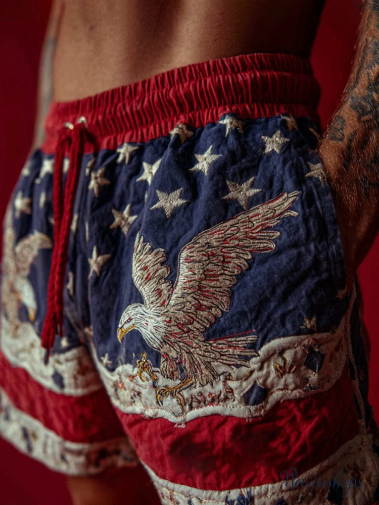 Men's Vintage Bald Eagle Embroidered Linen Shorts