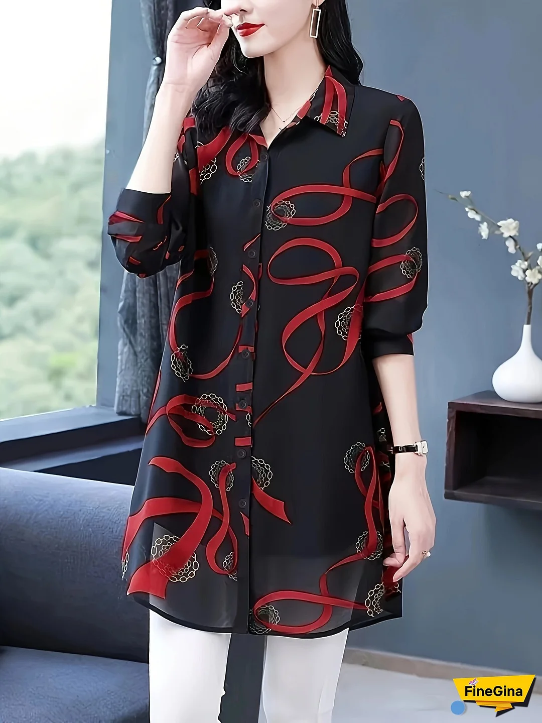 [Elegant Shirt] Elegant Lightweight Women's Long Sleeve Shirt | Printed Geometric Pattern, Button-Up Collar Blouse for Spring/Summer/Fall - Ideal for Beach Vacations