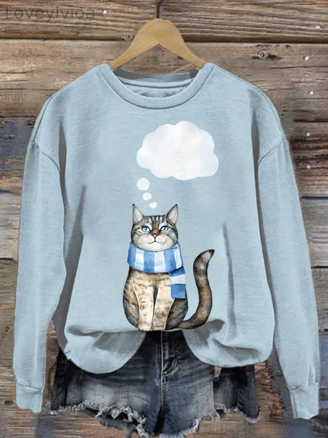 Women's Cat Print Casual Long Sleeve Sweatshirt
