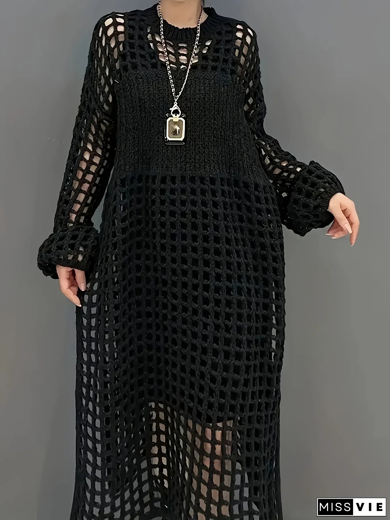 Elegant Crewneck Sweater Dress Solid Color Loose Fit Knit Fabric Fashionable Hollow Design