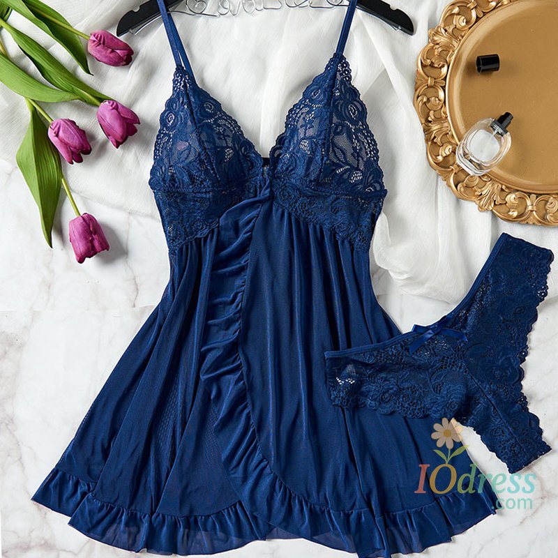 IO Dress 2 Pcs Set Lace Nightgown Women Exquisite Homewear Nighties Pajamas Transparent Split Nightdress V-Neck Bra Panty Sets