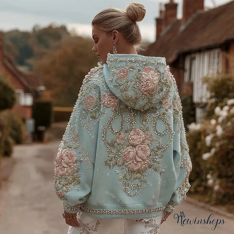 Women's Retro Bohemian Floral Embroidery Casual Hooded Sweatshirt