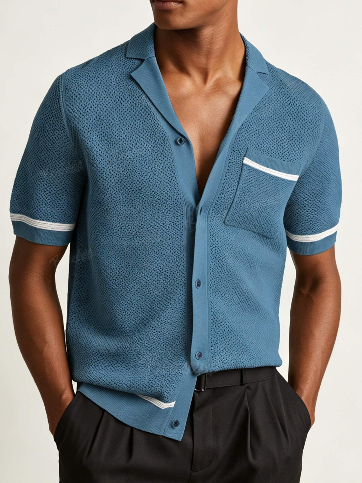 Men&rsquo;s Open-Knit Camp Collar Button-Down Polo Shirt