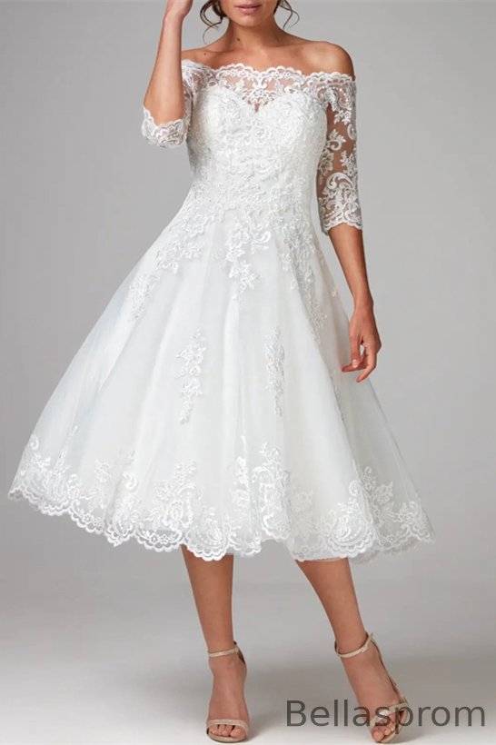 Bellasprom Off-the-Shoulder 3/4 Sleeves Short Wedding Dress With Lace Appliques Bellasprom