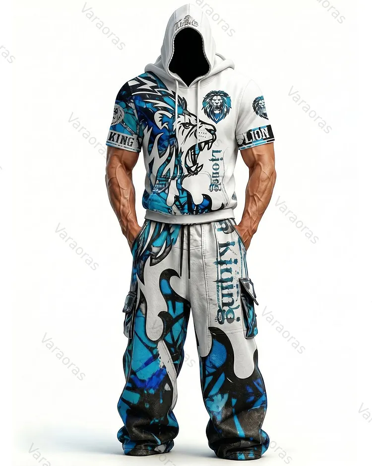 Men's Fashion Viking Contrast Color Embroidered Hoodie & Pants Two-Piece Set 7172
