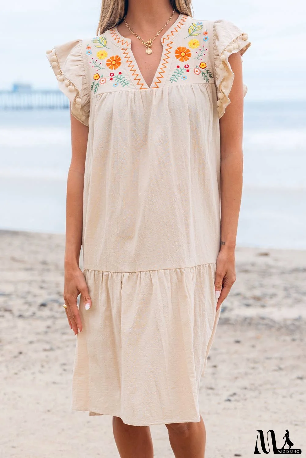 Floral Embroidered Ruffle Sleeve Spring Dress