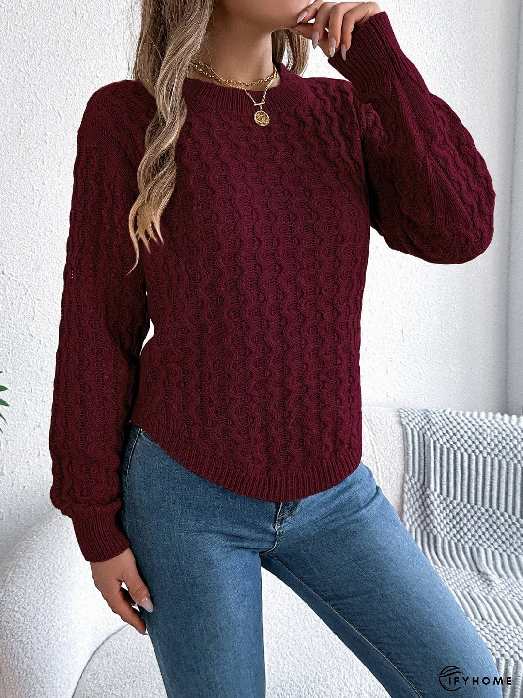 Asymmetric Hem Round Neck Long Sleeve Sweater | IFYHOME