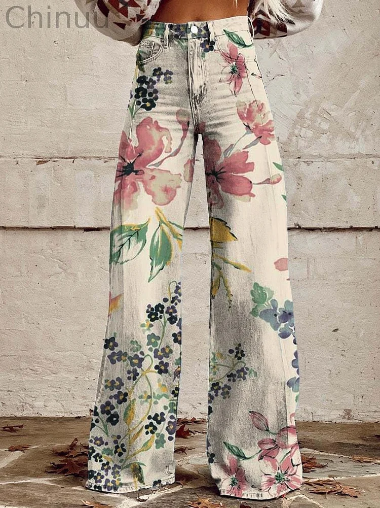 Women's Vintage Botanical Floral Wide Leg Pants