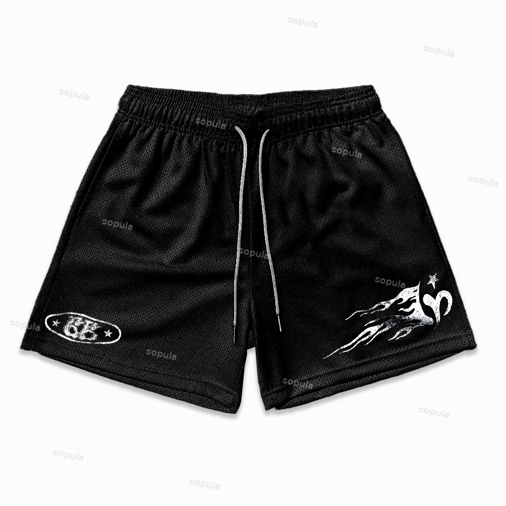 Sopula Vintage Balaclavacircle Flame Graphic Casual Street Mesh Shorts - Sopula｜Premium Graphic Tees & Graphic Clothing