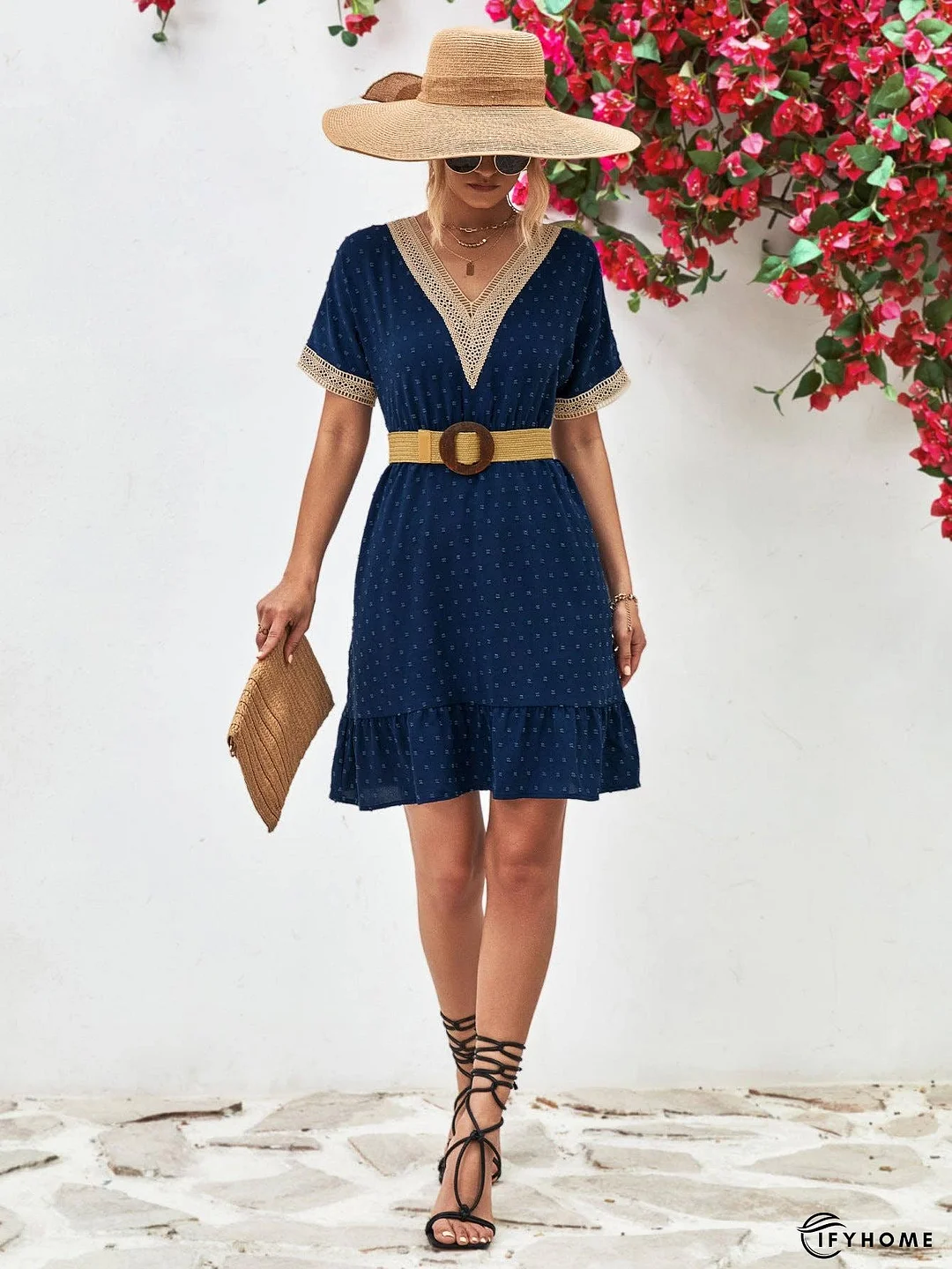 Contrast V-Neck Short Sleeve Mini Dress | IFYHOME