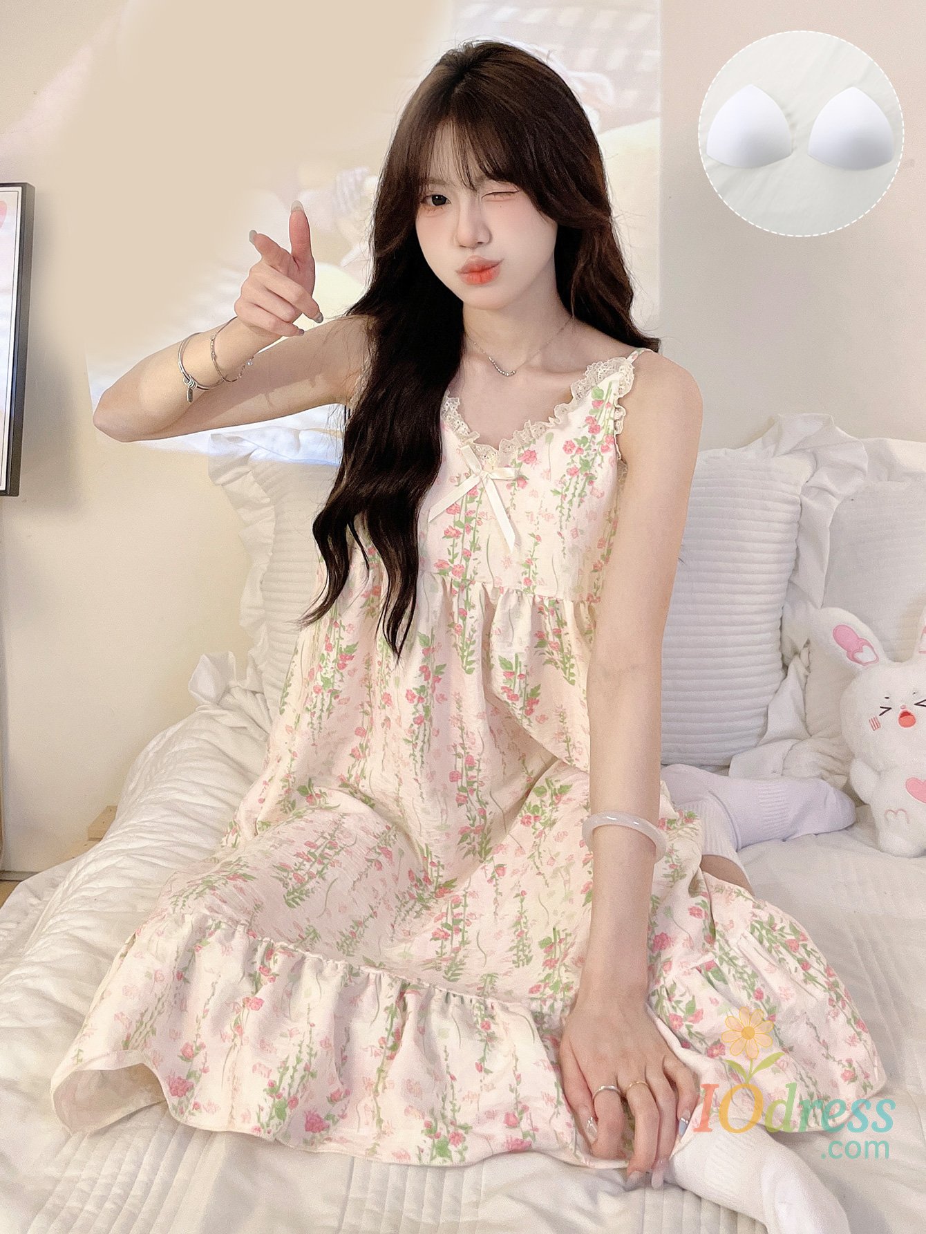 IO Dress Sweet ladies summer camisole lace lace nightgown with floral print and bow decoration for home wear that can be worn outside