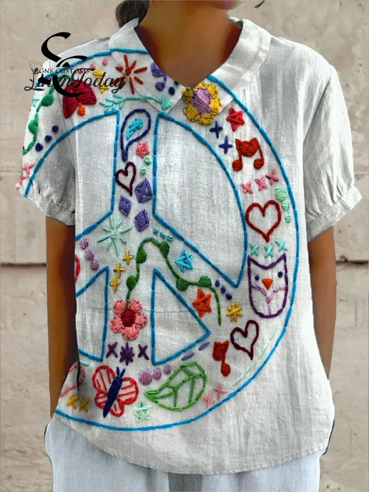 Women's Vintage Peace Art Print Casual Cotton And Linen Shirt