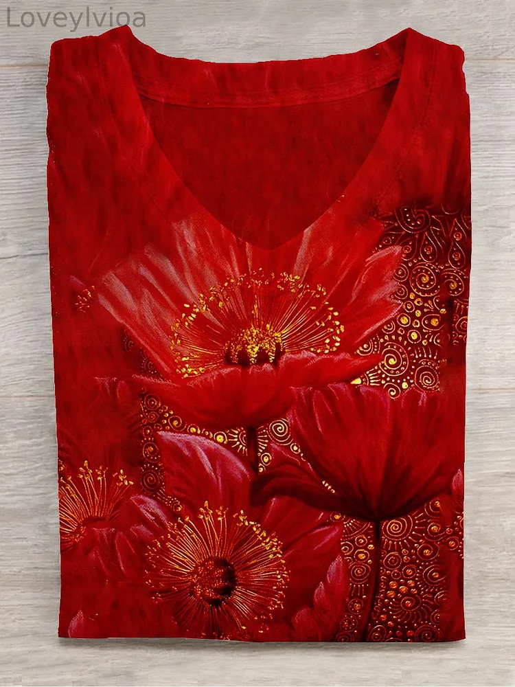 Unisex Floral Art Print V-Neck Short Sleeve T-Shirt