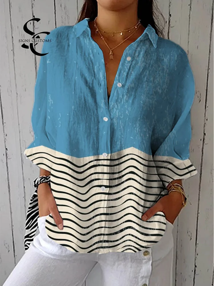 Women's Abstract Line Pattern Art Print Casual Cotton Linen V-neck Shirt