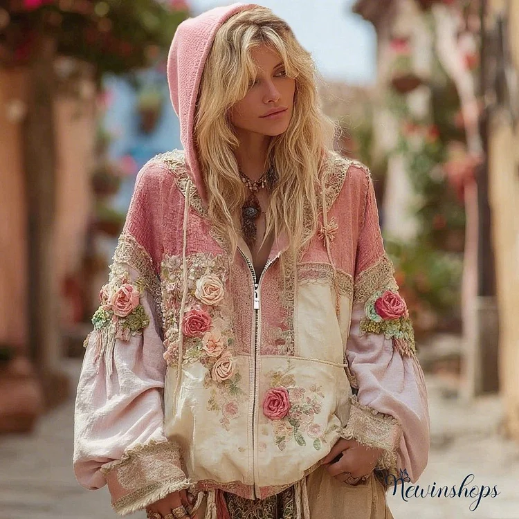 Women's Floral Embroidery Color Block Boho Casual Zip-up Hoodie