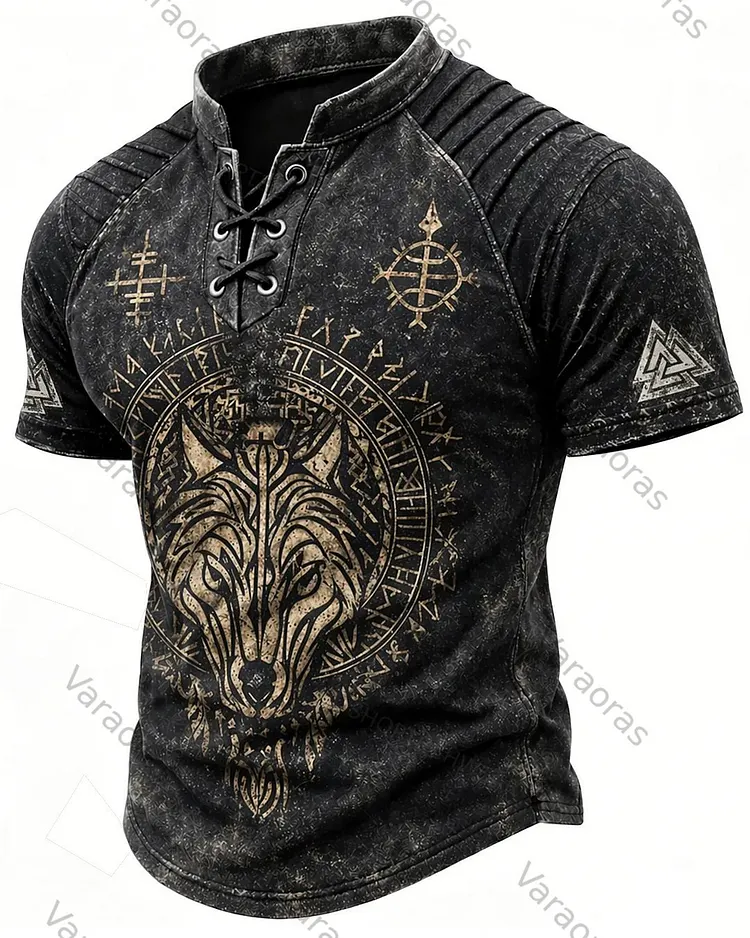 Men's Viking Wolf Rune Print Short-Sleeve Henley T-Shirt 4995