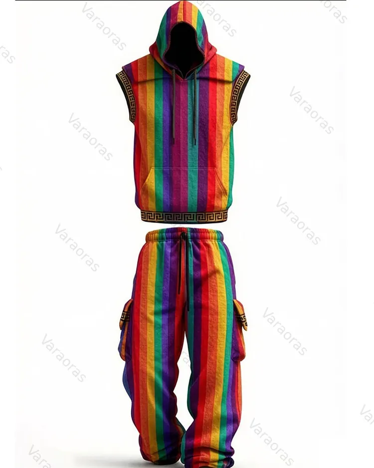 Men's Summer Fashion Rainbow Color Block Linen Hoodie & Pants Two-Piece Set 5099