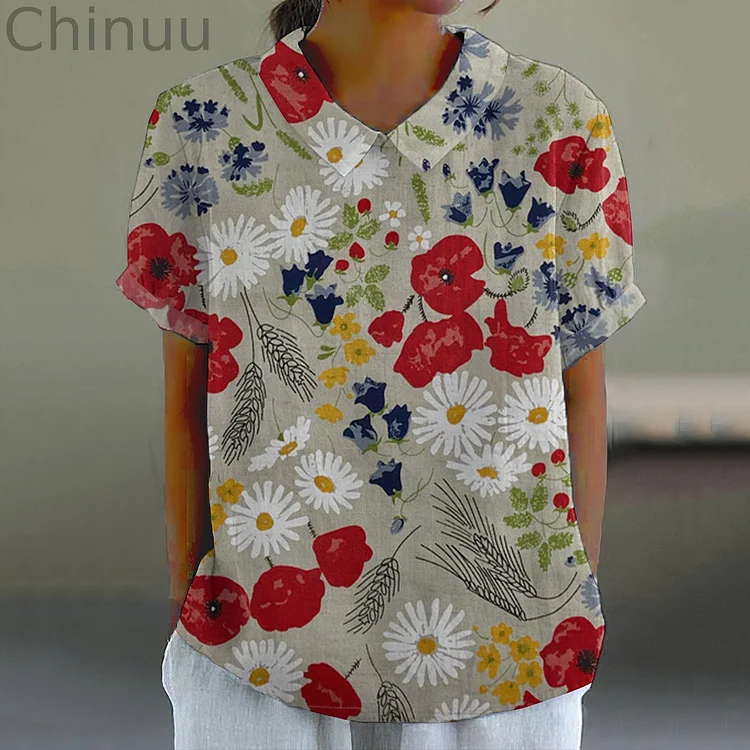 Retro Floral Art Graphics Print Casual Cotton Linen Shirt