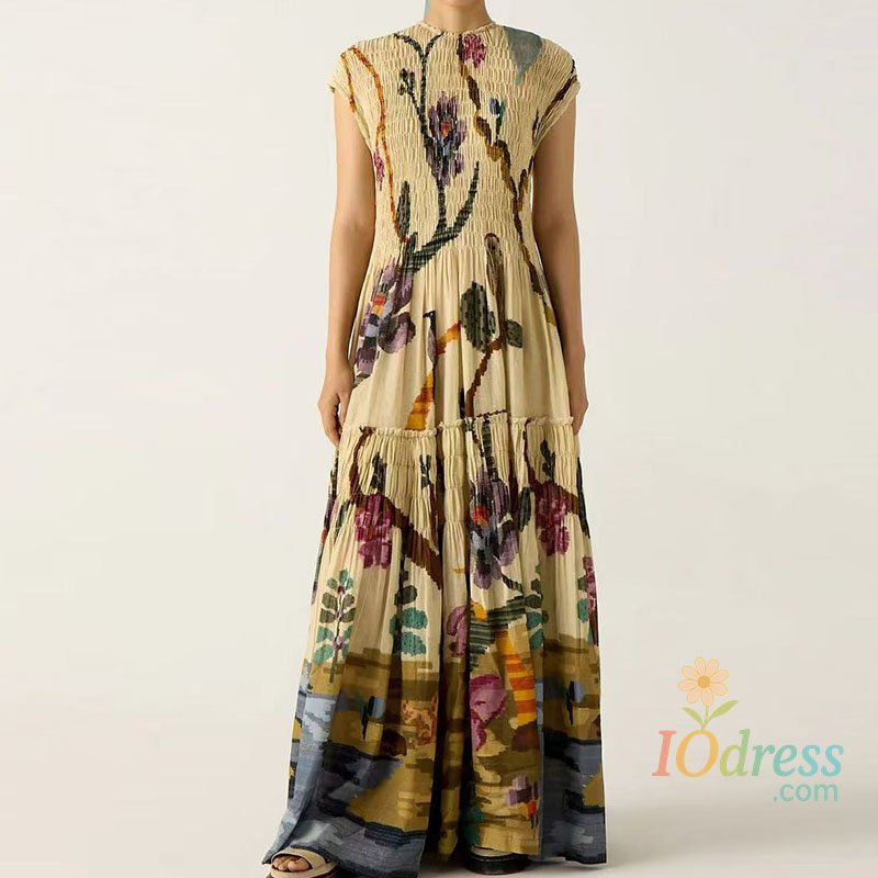 IO Dress Fashion Pattern Print Maxi Dresses Elegant O-neck Comfortable Bohemian Long Dress Women Casual Short Sleeve Pleated Party Dress IO Dress