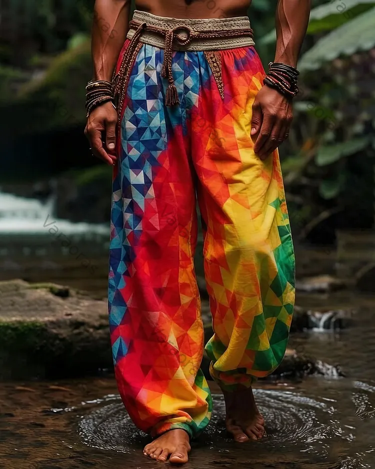 Men's Music Festival-Themed Colorful Diamond-Print Trousers 4070