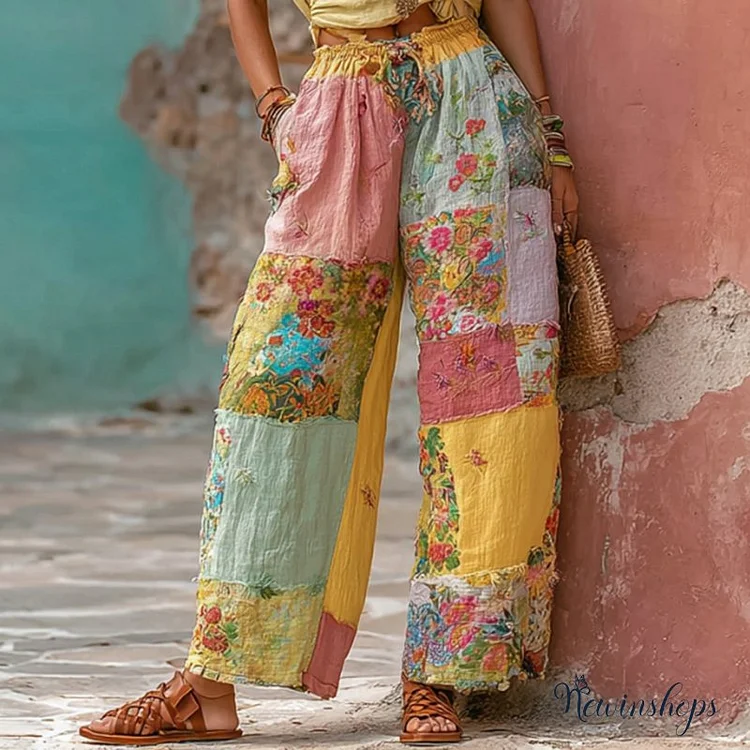 Women's Bohemian Floral Embroidery Patchwork Art Linen Blend Pants