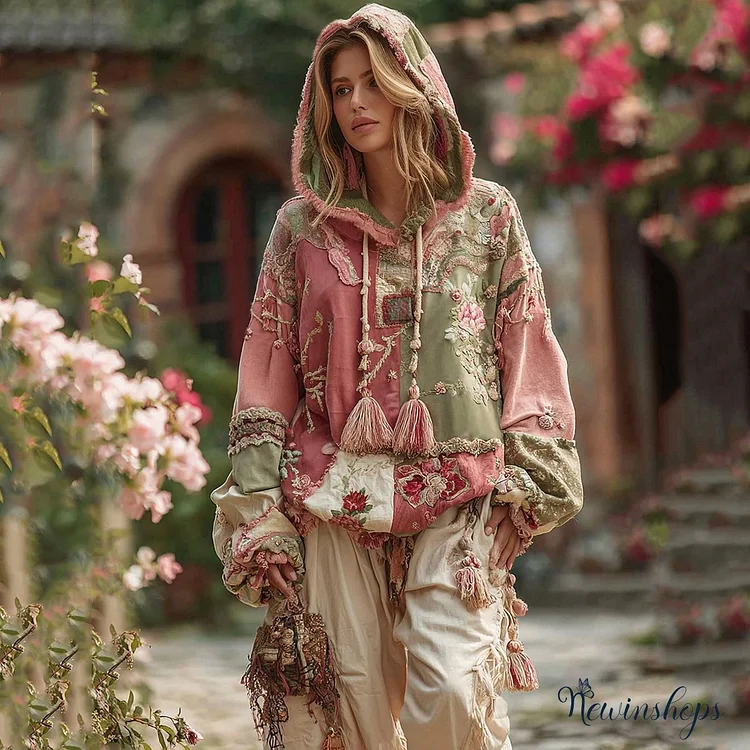 Women's Bohemian Floral And Rose Patchwork Cozy Warm Hoodie