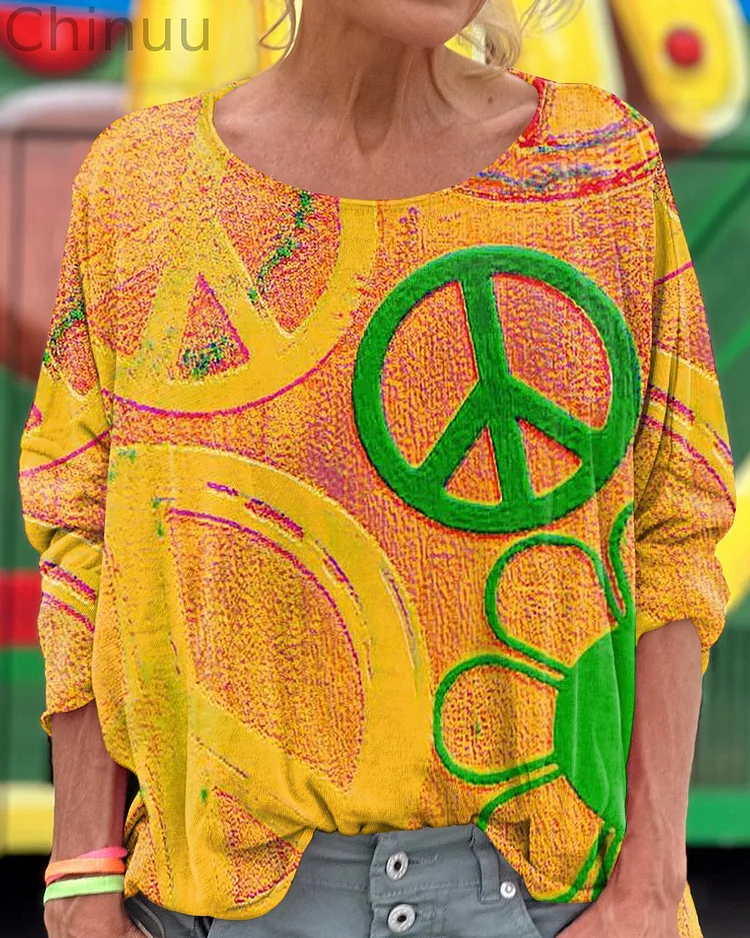 Colorful Hippie Print Loose Round Neck Women's Long Sleeve T-Shirt