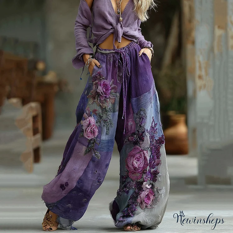 Vintage Embroidered Floral Plaid Patchwork Pants