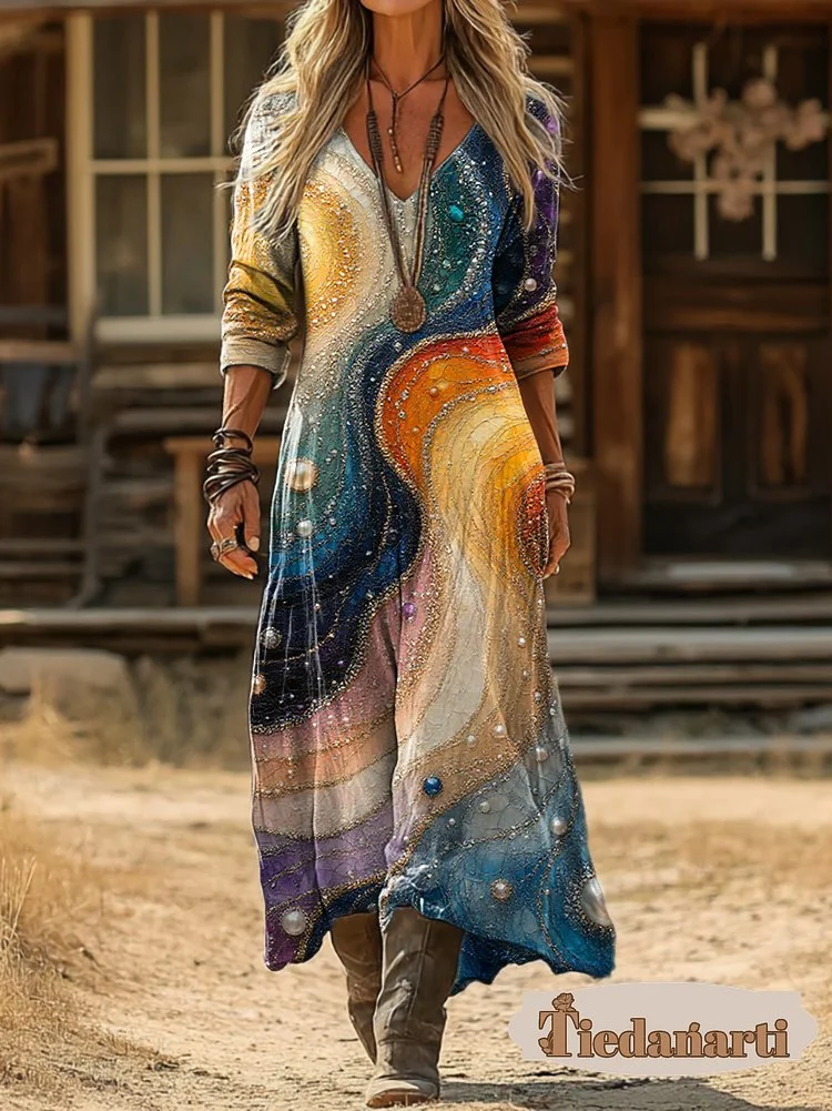 Women's Vintage Gradient Rainbow Art Print Casual V-neck Long Sleeve Pocket Cotton Dress