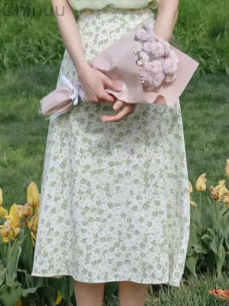 Floral High Waist Mid-length Skirt - Green