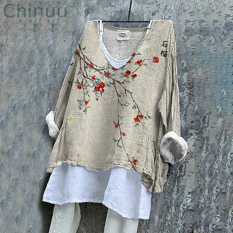 Vintage Floral Art Cotton Linen V Neck Casual Shirt