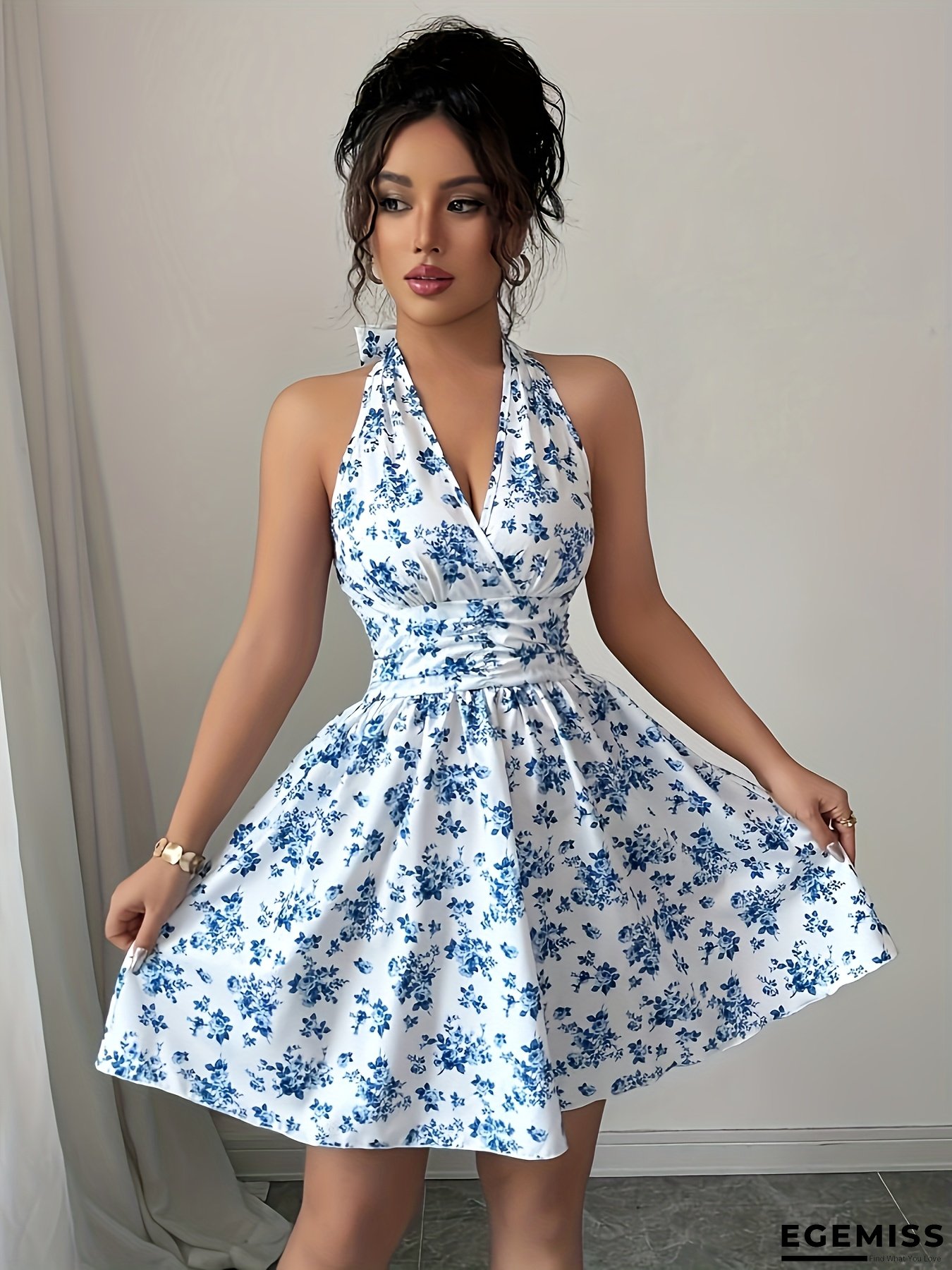 Elegant Floral Halter Neck Mini Dress - Blue & White Floral Print, Cinched Waist, Ruffled Hem, Sleeveless Design For Spring/Summer, Adult Women's Fashion, Casual Attire|Floral Print Dress|Cinched Waist Dress | EGEMISS