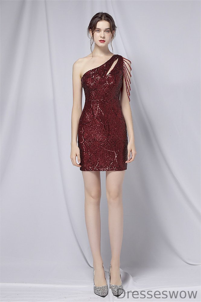 Dresseswow One Shoulder Sequins Short Party Dress With Dropped Tassels YE0039