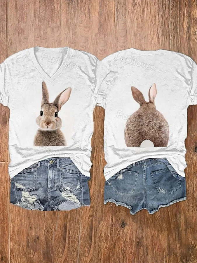 Pupiloves Pupiloves  Women's Cute Bunny Casual V-Neck Tee