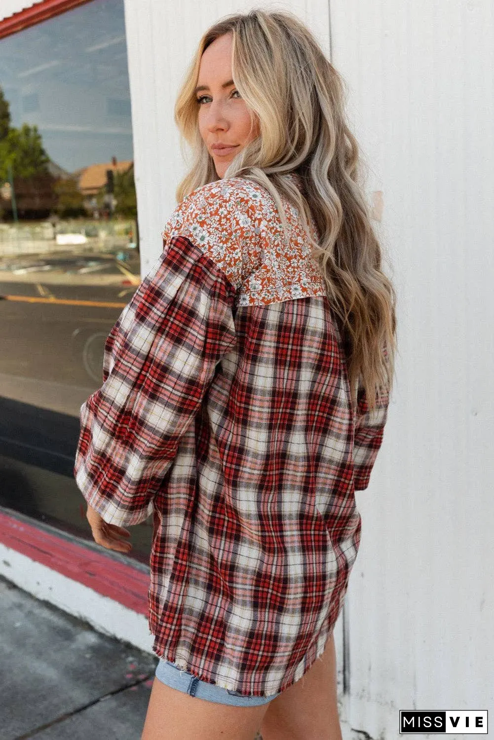 Floral Plaid Mixed Print Bishop Sleeve Patchwork Top