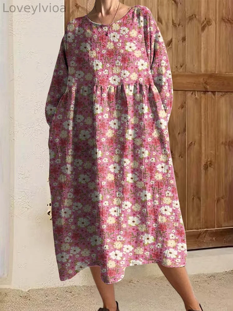 Women's Round Neck 9/3 Sleeve Pleated Small Floral A-Line Cotton Dress