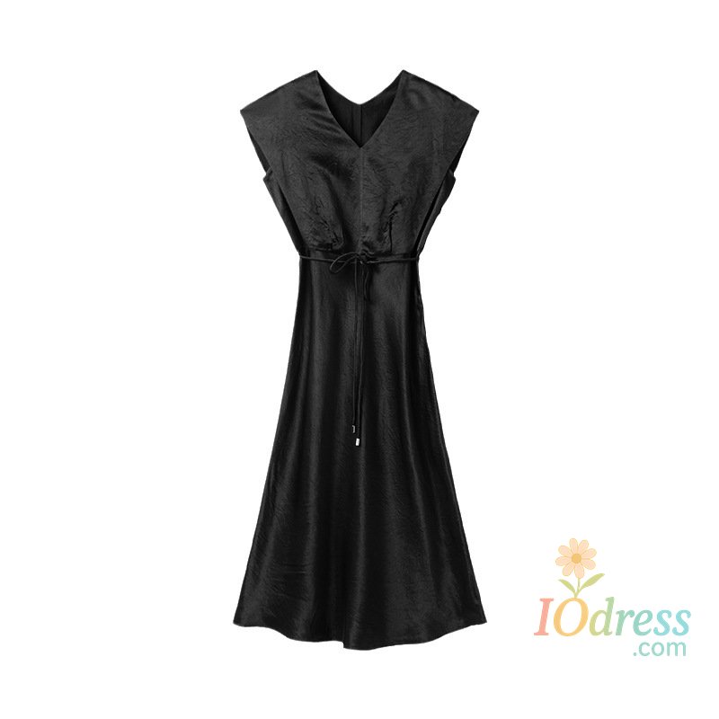 IO Dress Summer New V-neck Belt Thin Acetic Acid Dress Minimalist Style Belt Medium and Long Dress Black Commuter Women's Dress