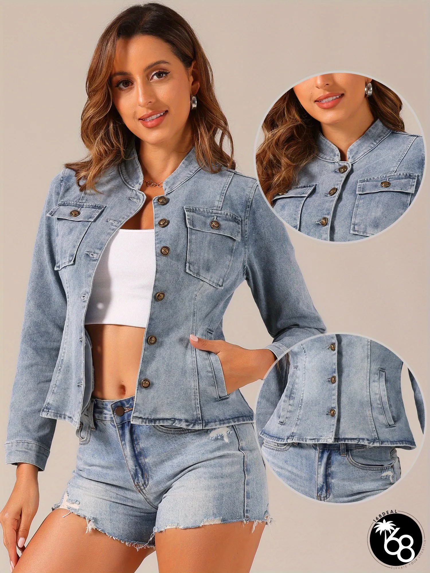 Casual Denim Jacket for Women&lsquo;s Classic Stand Collar Long Sleeve Jean Jacket | 168DEAL