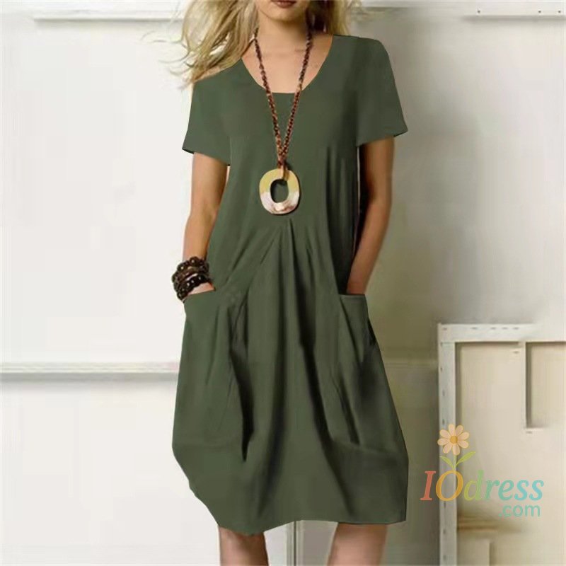 IO Dress 2024 Summer New Hot Selling Cotton and Hemp Solid Loose Round Neck Short Sleeve Dress