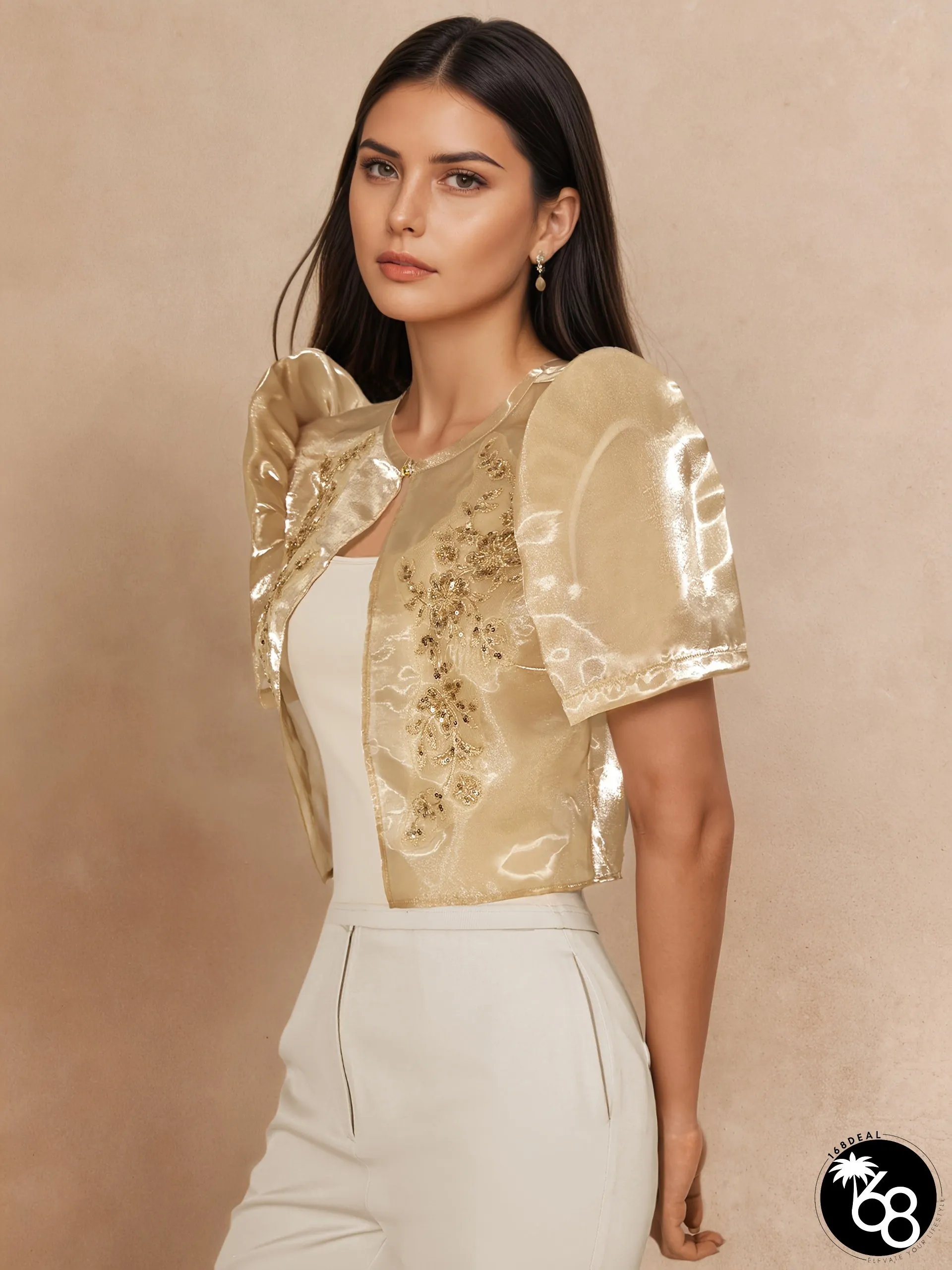 Womens Modern Filipiniana Elegant Solid Color Open Collar Blouse | 168DEAL